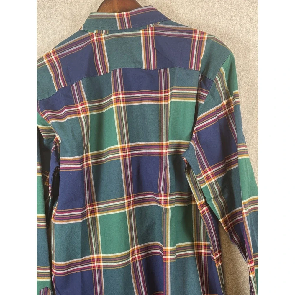 GAP Untucked Shirt Mens L Long Sleeve Blue Green Plaid Oxford Preppy Work Casual